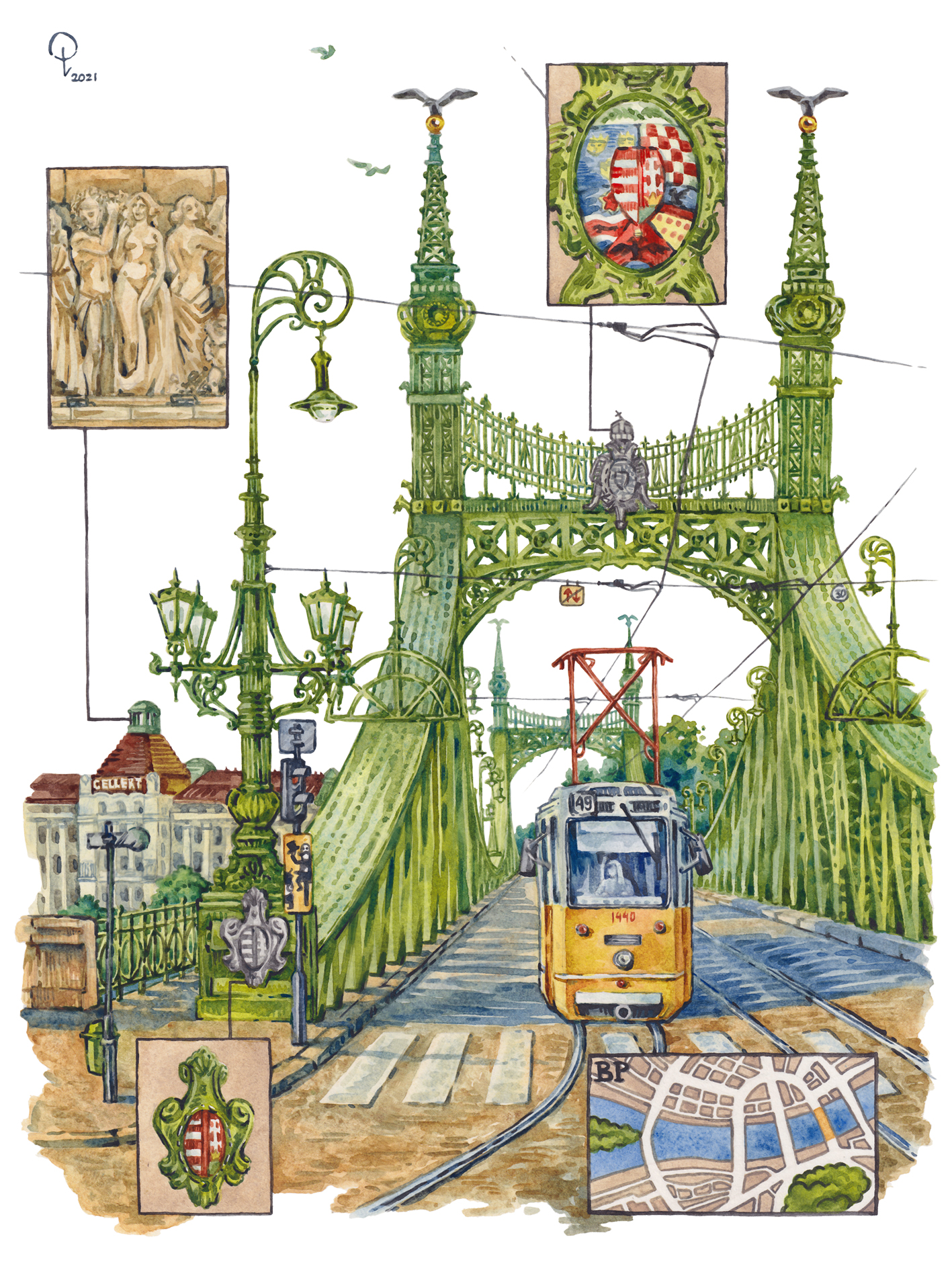 Watercolor (watercolour) painting of Liberty bridge in Budapest.