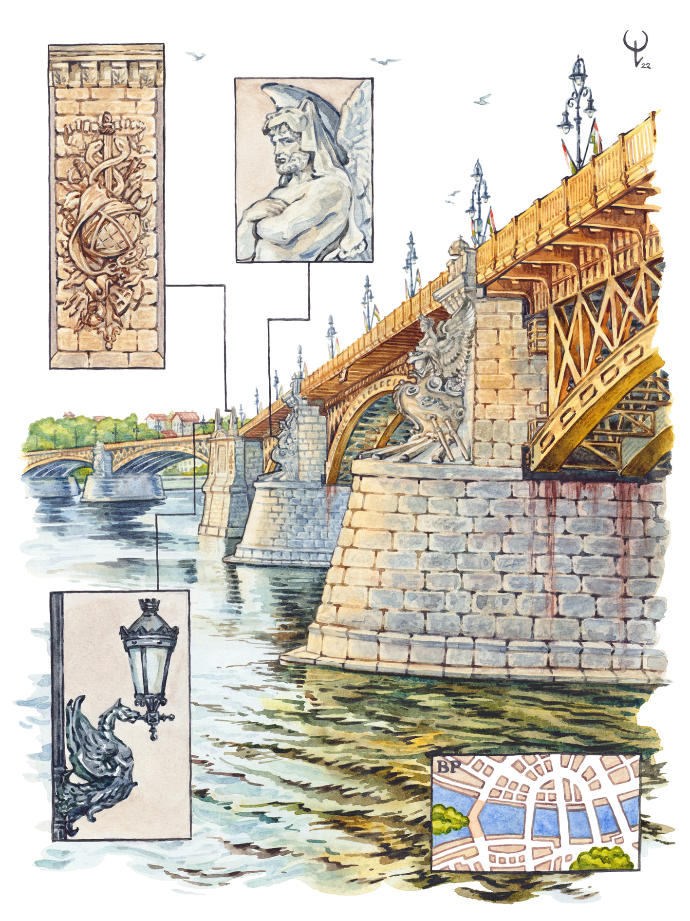 Watercolor (watercolour) painting of Margaret bridge in Budapest.