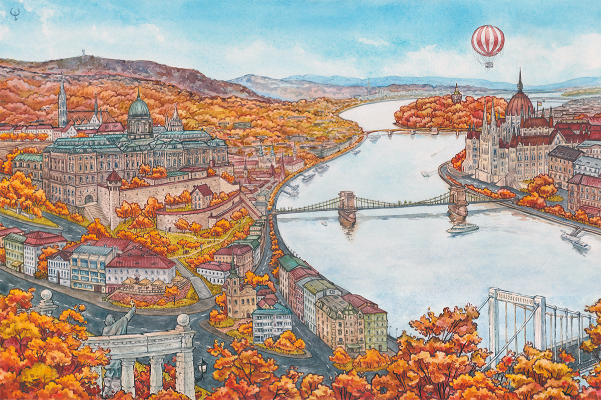 Watercolor painting of budapest panorama view in autumn.