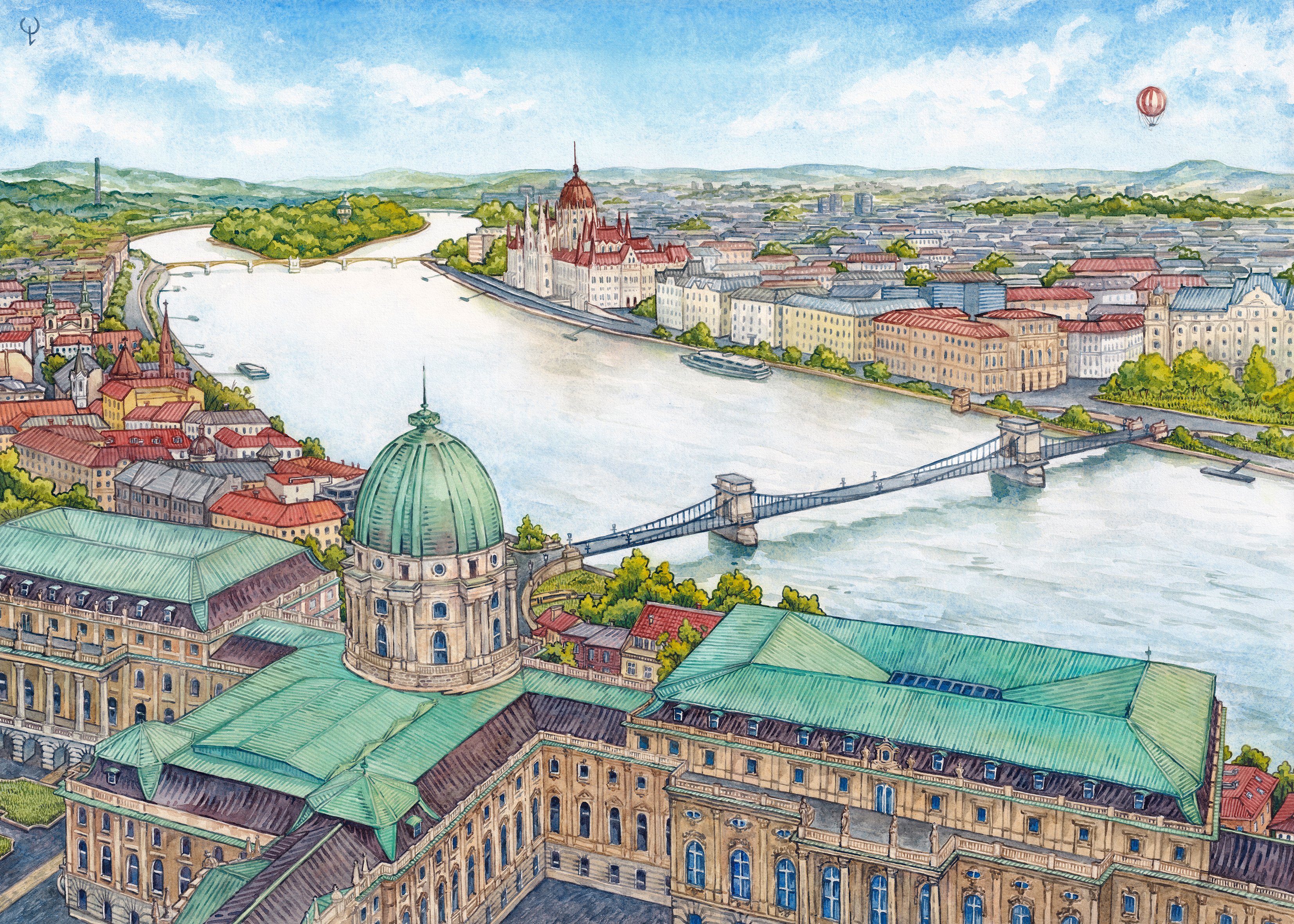 Watercolor painting of budapest panorama view in summer.
