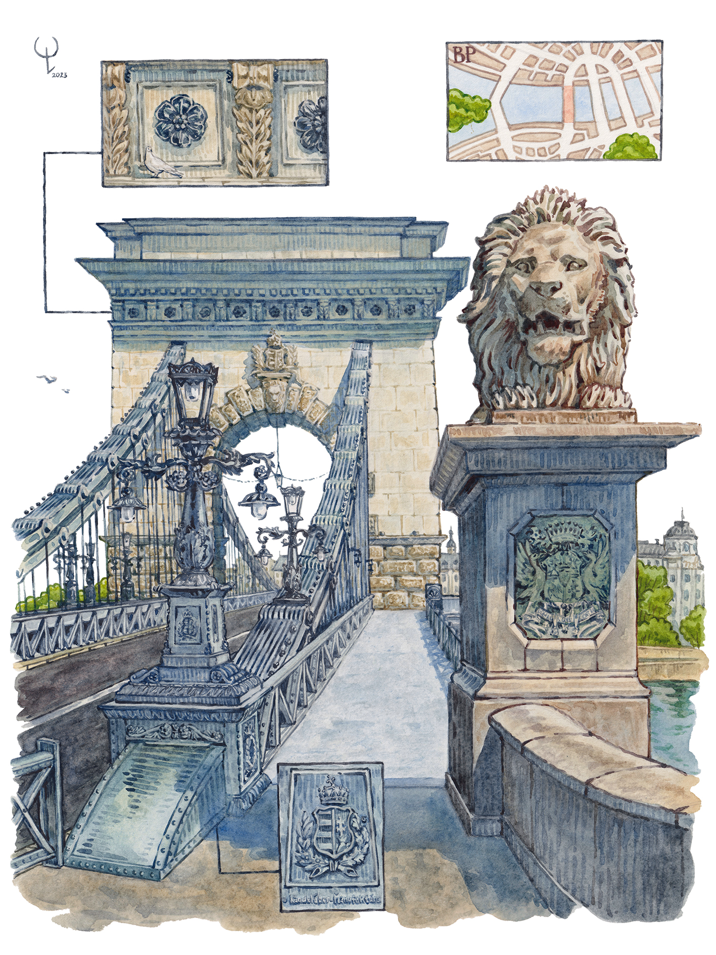 Watercolor (watercolour) painting of Chain bridge in Budapest.