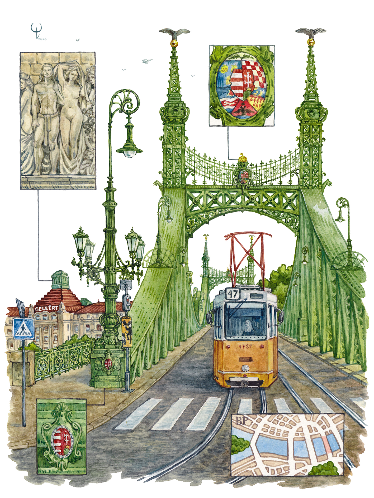 Watercolor (watercolour) painting of Liberty bridge in Budapest.