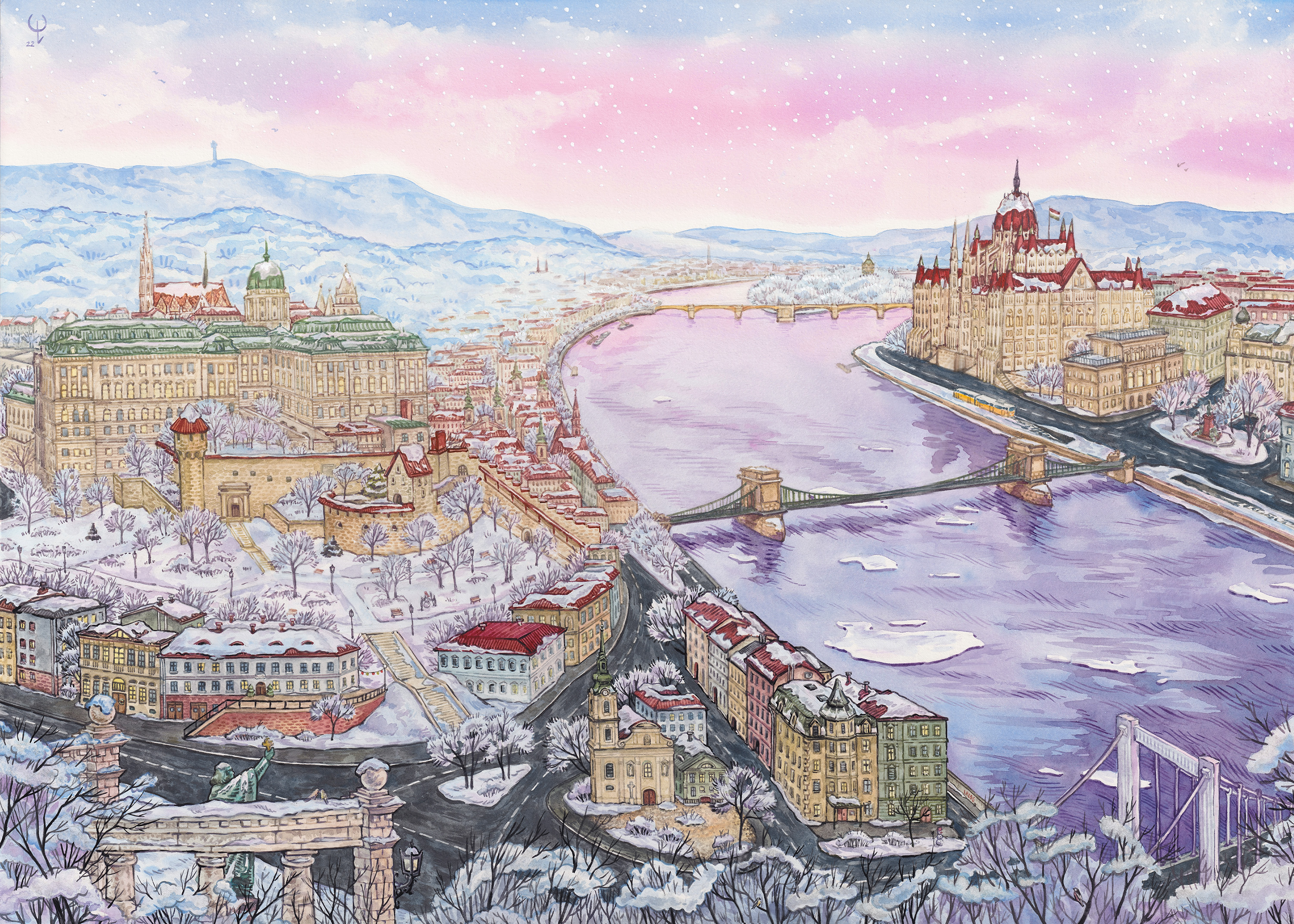 Watercolor painting of budapest panorama view in spring.
